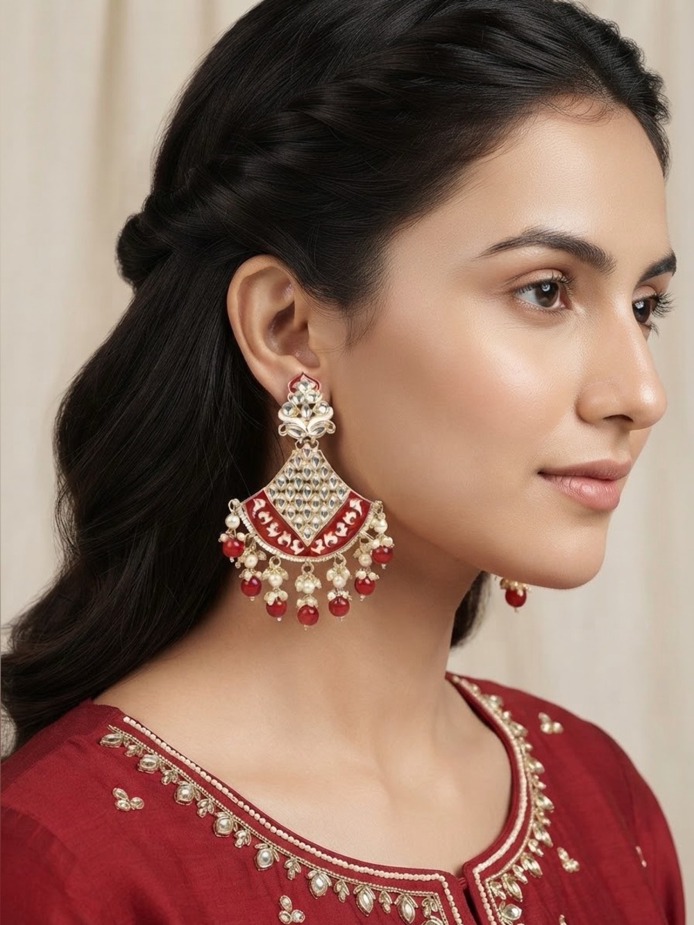 Red Meenakari Kundan Chandbali Earrings | Traditional Indian Bridal Dangles